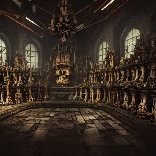 Image similar to full color, low ultrawide interior shot of sedlec ossuary, bones, anime style mixed with fujifilm, dark, foggy, atmospheric, artstation, cgsociety, octane render, cgi, denoise, detailed, cinematic masterpiece