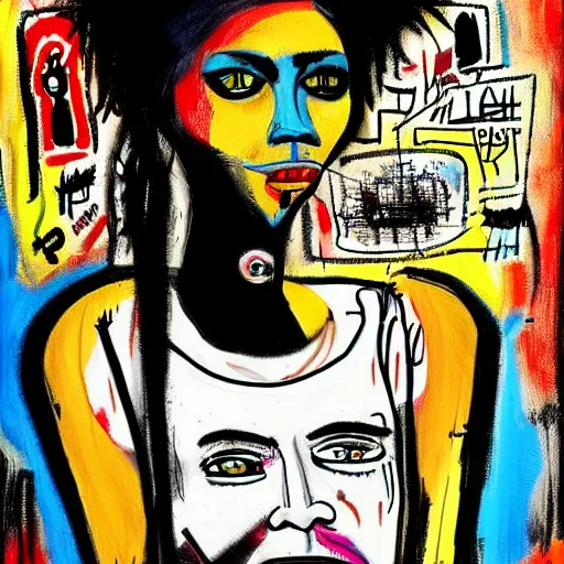 Prompt: a sketch drawing, ultra detailed, crazy personage, atcurious, magic, love, beautiful woman, surreal city, in style of jean - michel basquiat, trending on artstation