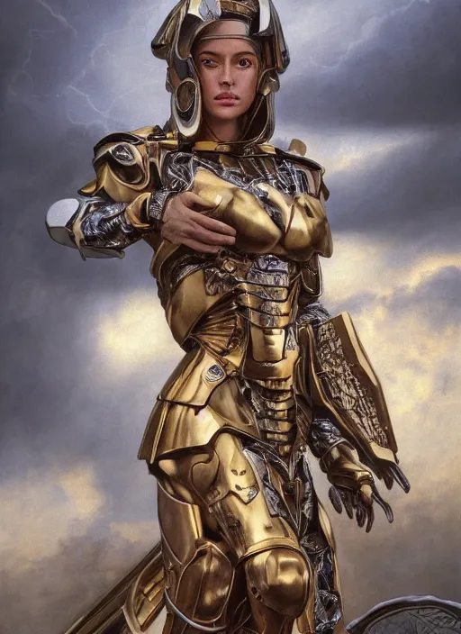 Image similar to symmetry!!! closeup portrait of a biblical diabolical wild hunter girl, fashon golden cyborg armor, in clouds, strong studio lights, thunder, rain! storm, sunset, by gerald brom, by mikhail vrubel, by peter elson, high contrast, muted colors, extreme detail, mirrors, trending on artstation, 8 k