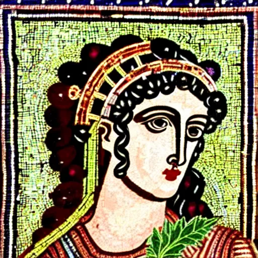 Prompt: ancient greek bright ancient mosaic of female dionysus with leaves and grape in his hair
