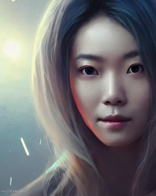 Prompt: detailed portrait Ming Zhao, solarpunk, futuristic utopia, scifi, android, starry long hair, by Darren Bartley, Wojtek Fus, Frederic Bennett, innocent smile, Perfect face, fine details, realistic shaded, fine-face, pretty face