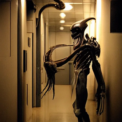 Image similar to xenomorph feeding on crewman in scifi hallway