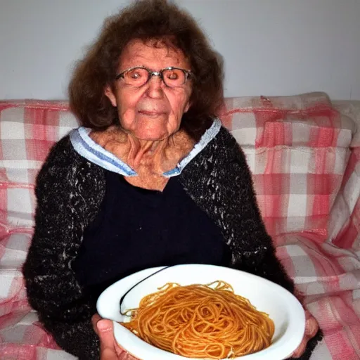 Image similar to grandma posing with her spaghetti, messy gross, she needs to wash