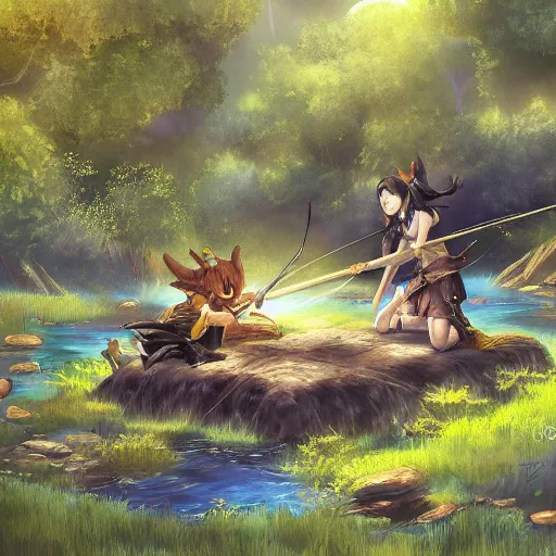 Image similar to ffxiv's y'shtola fishing in the forest at dawn, illustration, trending on art station