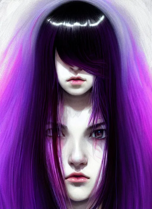 Image similar to hair whitebangs hair, black hair, whitebangs, portrait of teenage girl with white bangs, red irises, purple clothes, white bangs, bangs are different color from hair, intricate, elegant, glowing lights, highly detailed, digital painting, artstation, concept art, smooth, sharp focus, illustration, art by wlop, mars ravelo and greg rutkowski