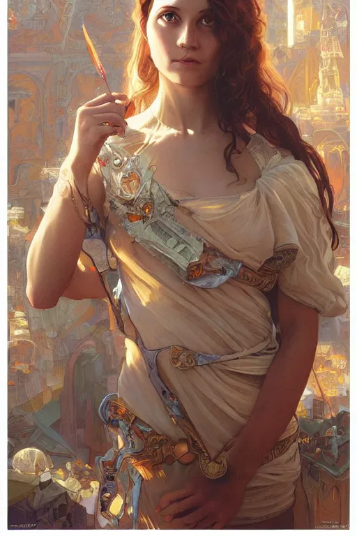 Image similar to portrait of tinfoil hat man in orange t - shirt behind his wife, feelings, romantic, fantasy, intricate, elegant, highly detailed, digital painting, artstation, concept art, smooth, sharp focus, illustration, art by artgerm and greg rutkowski and alphonse mucha