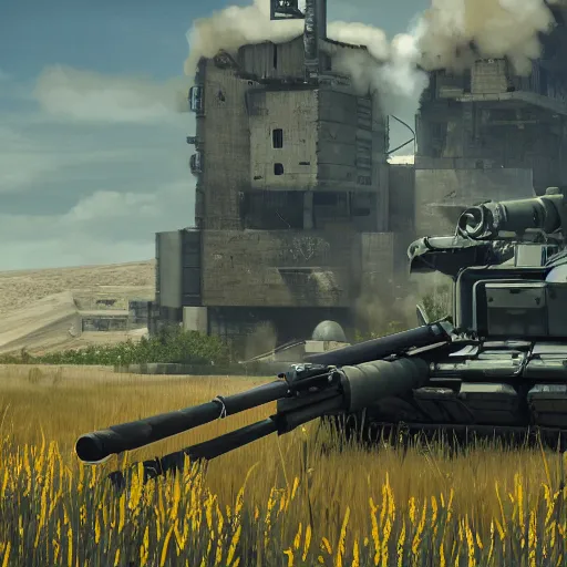 Prompt: a high resolution very detailed image of a 2 with fgm 1 4 8 javelin rocket launcher in russian tank boss fight from nier : automata in yellow rye field under pure blue skies