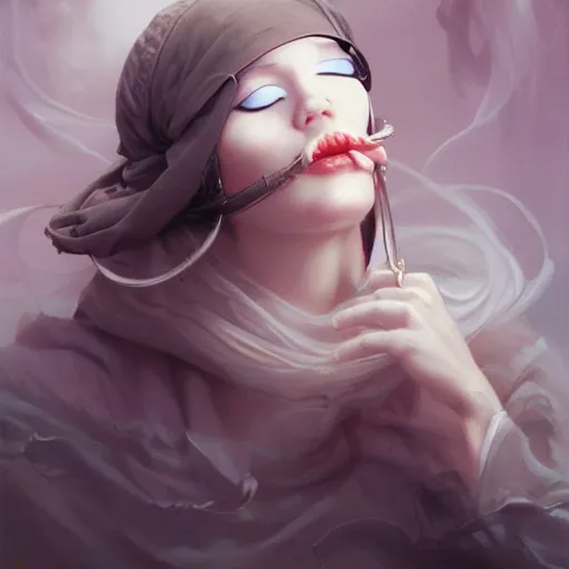 Image similar to blindfolded woman with a finger on her lips shushing, by peter mohrbacher, artgerm, karol bak, loish, ayami kojima, james stokoe, highly detailed, ultra detailed, ultra realistic, trending on artstation