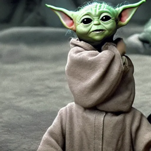 Image similar to a film still of baby yoda's son at his funeral in star wars realistic, detailed