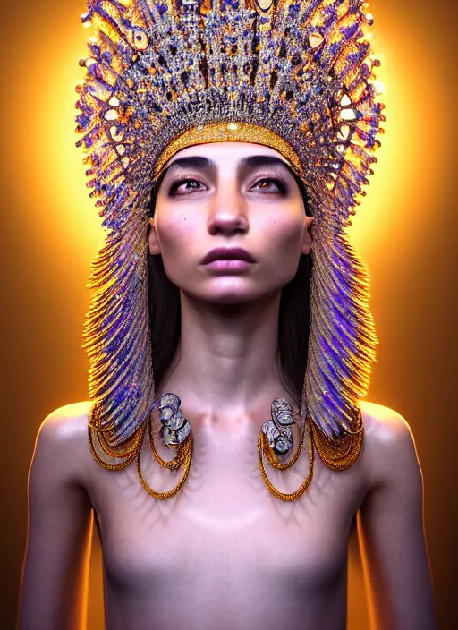 Prompt: absurdly beautiful, fashionable young woman with clear white skin, wearing a headdress made from diamonds and gold, in the fourth dimension, psychedellic, ayahausca, tryptamine, hyperdetailed illustration by irakli nadar and alexandre ferra, intricate linework, unreal engine 5 highly rendered, global illumination, radiant light, detailed and intricate environment