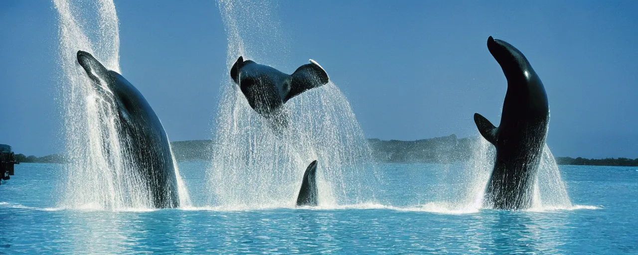 Image similar to shamu whale at sea world playing with spaghetti, water splashing,, small details, intricate, sharply focused, canon 5 0 mm, wes anderson film, kodachrome