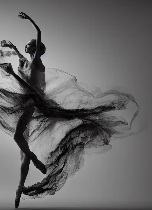 Image similar to a Photorealistic dramatic hyperrealistic render of a glamorous beautiful Female smoke dancer by Ken Brower and Deborah Ory of NYC Dance project,Lois Greenfield,Flowing cloth and smoke,Beautiful dynamic dramatic dark moody lighting,volumetric,shadows,cinematic atmosphere,Octane render,8K