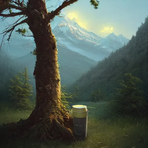 Image similar to low angle shot of a tree growing inside a trash - can in the foreground. overgrown. soft night - time over the mountains in the background. clouds. highly detailed, cinematic, beautiful, cgsociety, artstation, oil painting by greg rutkowski, by artgerm, by wlop