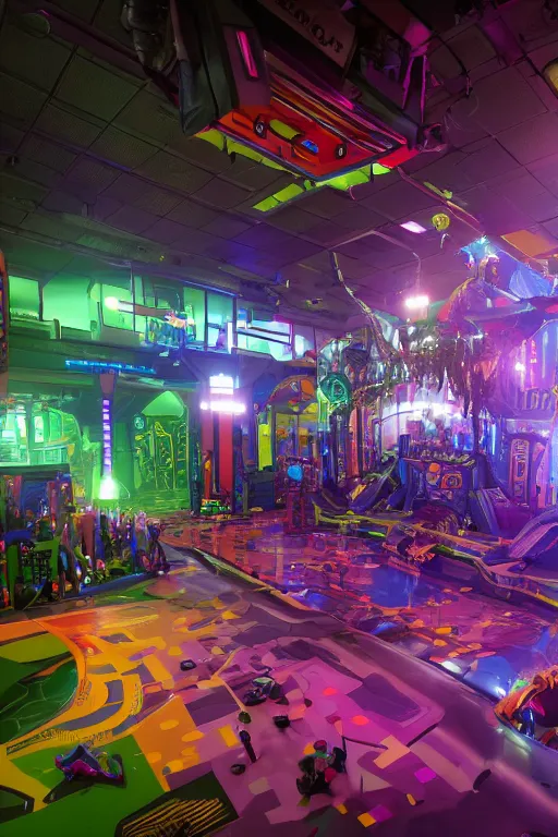 Image similar to Cybertron, the inside of a Discovery Zone soft play area for goth Decepticons, cinematography by Wes Anderson, 4k octane render, photorealistic , cinematic lighting, Artstation