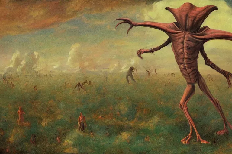 Prompt: a tall terrifying alien. in the style of american impressionism painting and in the style of a 1 8 0 0 s realism painting.