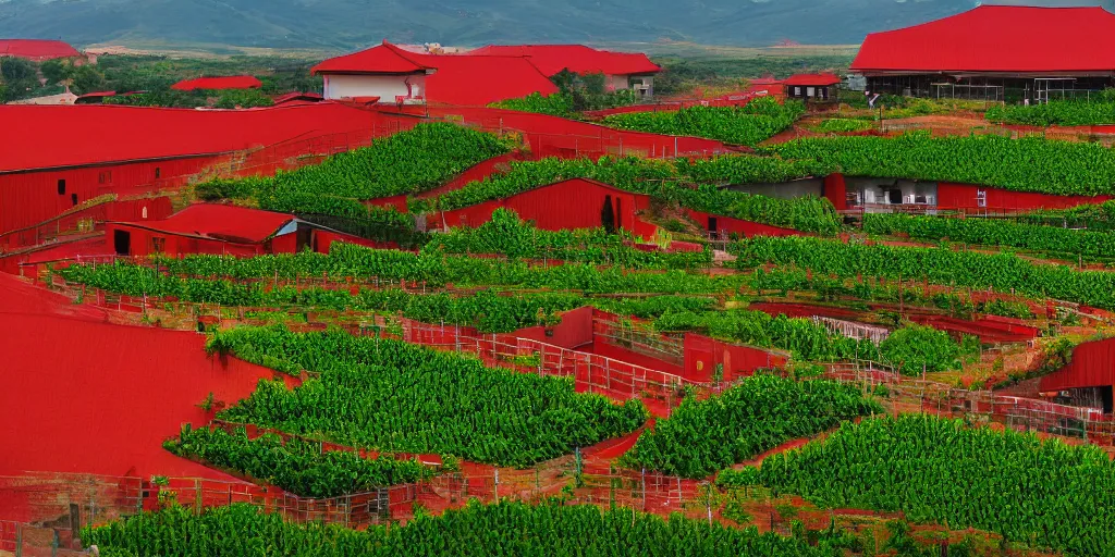 Prompt: A ink painting winery with red walls and a green roof. The vineyards are sprawling and green, with a river winding through them. In the distance, there are mountains. by zhang zeduan, mi fu, painting on silk, immaculate scale, hyper-realistic, Unreal Engine, Octane Render, digital art, trending on Artstation, 8k, detailed, atmospheric, immaculate