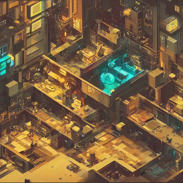 Prompt: isometric view illustration of a interior of a Cyberpunk apartment, highly detailed, by James Gilleard and Bruce Pennington