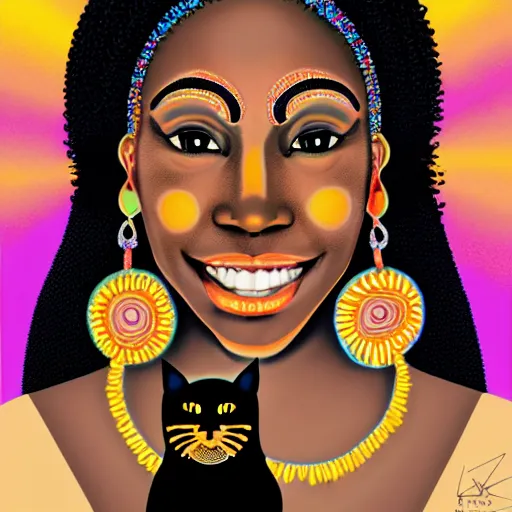 Image similar to an adult black woman, light skin, colorful ornate earrings, curly 3 c black hair, smile on her face, brown eyes, holding her small black bombay cat in the style of alex grey, trending on art station 8 k