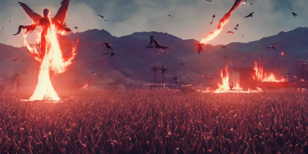 Image similar to realistic cinematic views of a orwellian coachella with fires in the background and dead seagulls falling from the sky in front of the main stage worshipping a large statue of kylie jenner, hyper detailed, terror glows, hyper realistic, digital painting, 8 k, 3 5 mm film grain, octane render