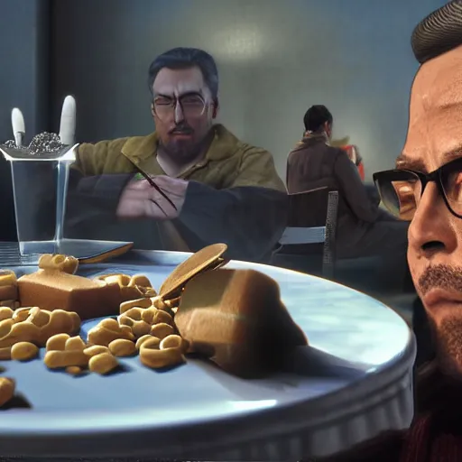 Image similar to jc denton from deus ex eats cereal at a table near liberty island, high quality, photorealistic, highly detailed, 4 k, hd