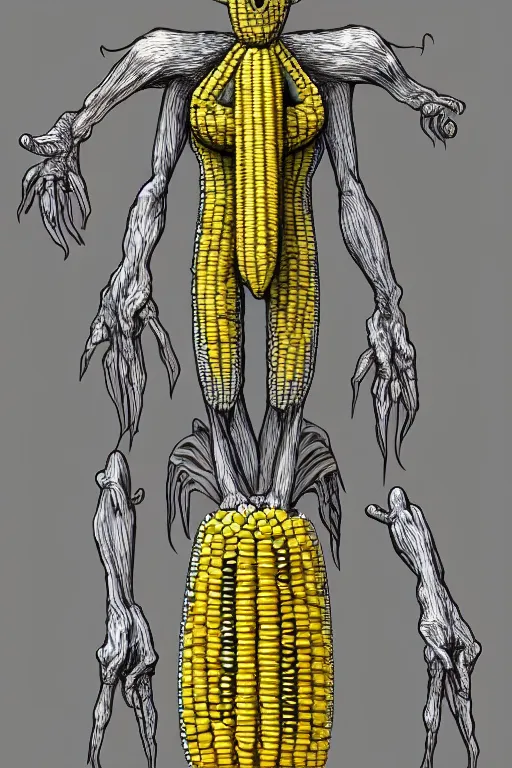 Image similar to corn humanoid figure monster, symmetrical, highly detailed, digital art, sharp focus, trending on art station, anime art style