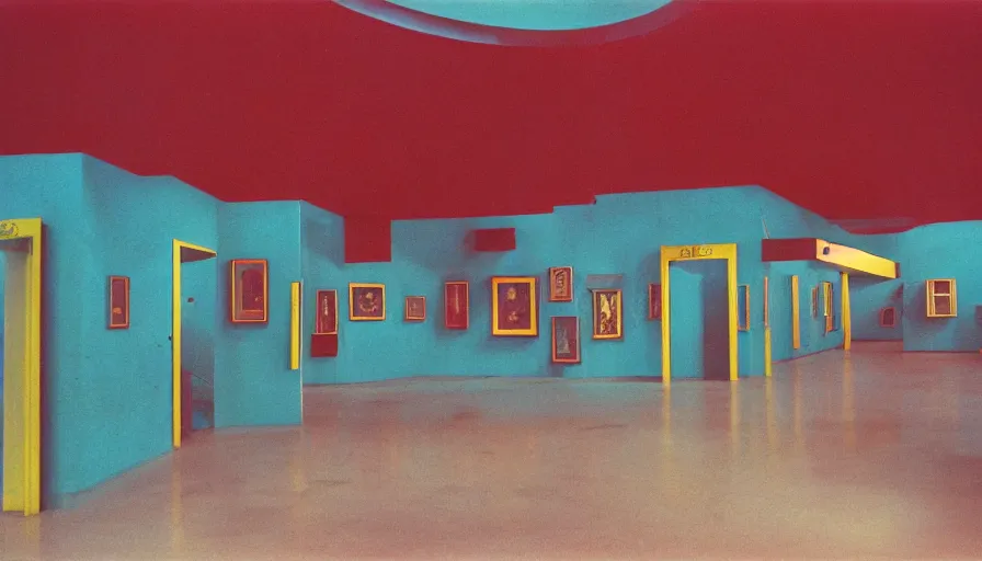 Prompt: 60s movie still of a sovietic stalinist style empty art museum with a soviet congress with yellow wall, LOMOGRAPHY LOMOCHROME TURQUOISE XR 100-400 (35MM), liminal Space style, heavy grain