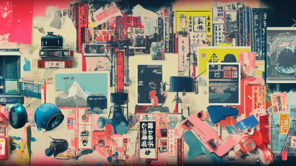 Image similar to an arrangement of popculture traveller props, japan, a collage painting, in the style of wes anderson, lola dupre, david hockney, isolated on negative white space background dark monochrome neon spraypaint accents volumetric octane render