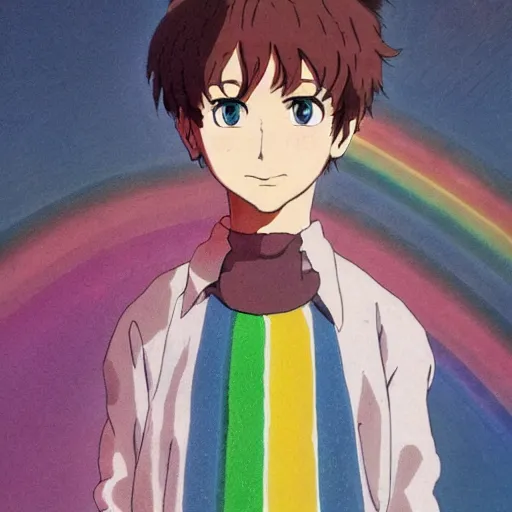 Image similar to guilt as a ghibli studio character, supernatural, sharpness. clean, rainbow colours