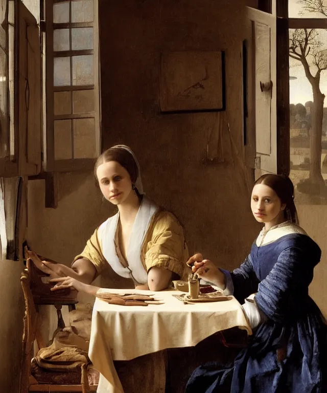 Image similar to a highly detailed, beautifully lit portrait of a pretty, young alicia vikander sitting at a table by an open window, oil painting portrait by vermeer and bouguereau and waterhouse