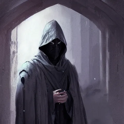 Image similar to portrait of a small pale cowardly man wearing dark hood, fantasy artwork, high fantasy, by greg rutkowski