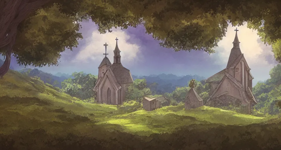 Image similar to view of a catholic church on a forested mountain, in the style of studio ghibli, distant, detailed, artstation, award winning painting