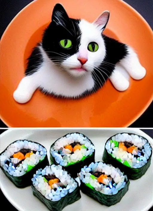 Image similar to clear photorealistic picture of adorable cats made out of sushi