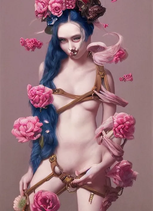 Prompt: pop surrealism, lowbrow art, realistic seductive cute woman looking painting, pink body harness, japanese shibari with blue flowers, hyper realism, muted colours, rococo, natalie shau, loreta lux, tom bagshaw, mark ryden, trevor brown style,
