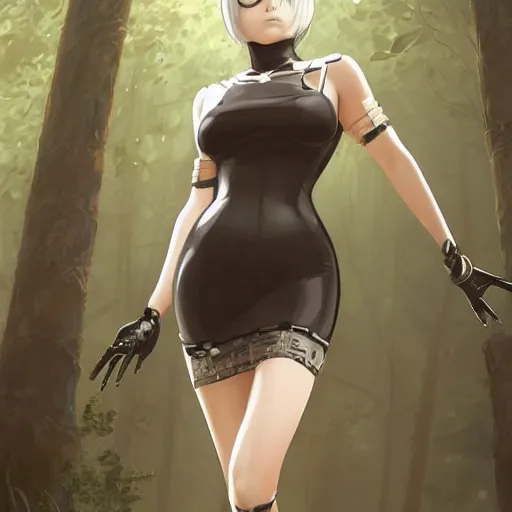 Prompt: full body portrait of 2 b nier automata wearing a skintight dress in a forest, large thighs, perfect face, intricate, elegant, highly detailed, digital painting, artstation, smooth, sharp focus, illustration, art by artgerm and greg rutkowski and alphonse mucha, 8 k