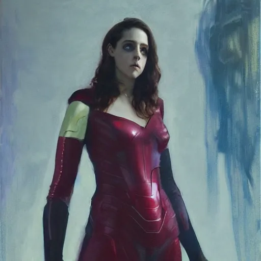 Image similar to alison brie as kristen stewart playing the scarlet witch wearing the iron man armor, intricate, elegant, highly detailed, greg manchess, mucha, liepke, ruan jia, jeffrey catherine jones, ridley scott