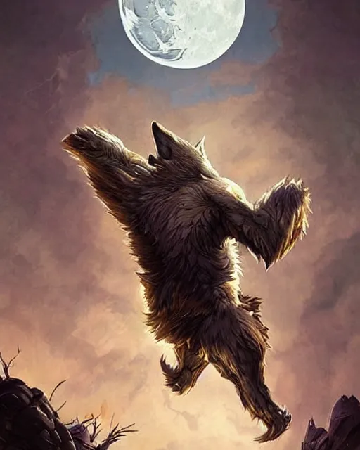 Image similar to '' Illustration a wolf (Fenrir) breaking its chains, (night), (moon in the background), league of legends, Fenrir, LOL, fantasy, d&d, digital painting, artstation, concept art, sharp focus, illustration, art by greg rutkowski and alphonse mucha ''