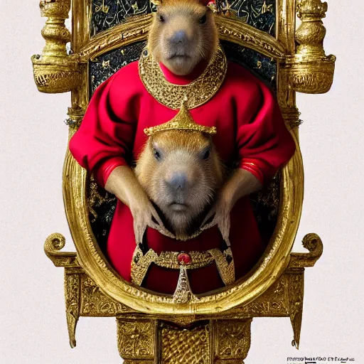 Prompt: detailed photorealistic painting of a capybara wearing a highly detailed ornamented gold crown with diamonds, in a medieval knight armor with red cape, sitting on a throne in a castle, sharp focus in the style of ruan jia, Mandy jurgens, cinematic light, concept art, trending on artstation, ultra realistic