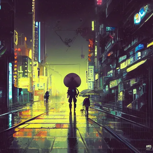 Prompt: close view matte painting of a japan samurai in gasmask, with atomic yellow backpack, holding katana in right hand, cyberpunk city on the background, rainy night, neon glow concept art, smooth, sharp focus, illustration, by Makoto Shinkai, Peter Andrew Jones and Greg Rutkowski