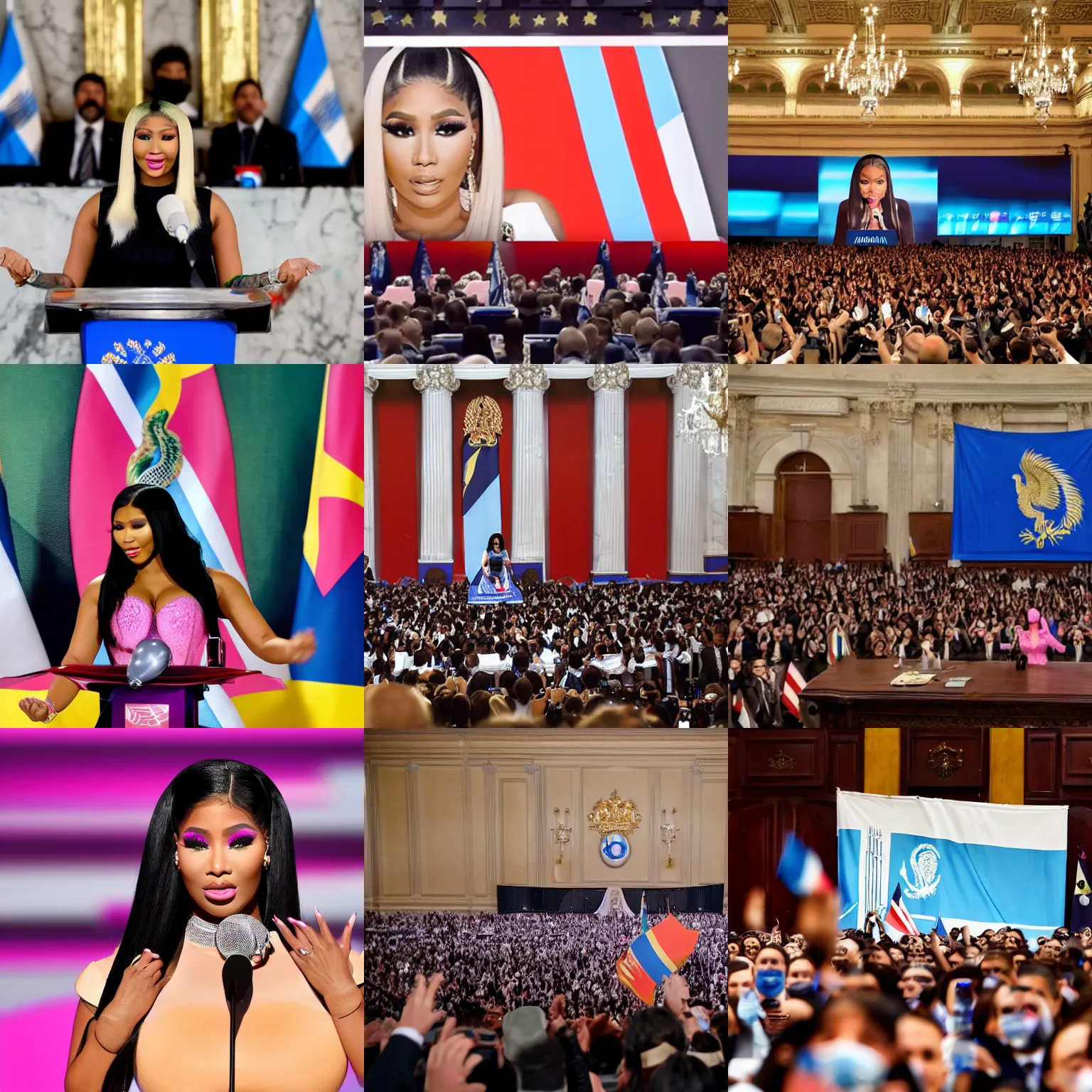 Image similar to A photo of Nicki Minaj delivering a speech, Argentina flags behind, in the Argentine Congress, background out of focus, hd picture, highly detailed