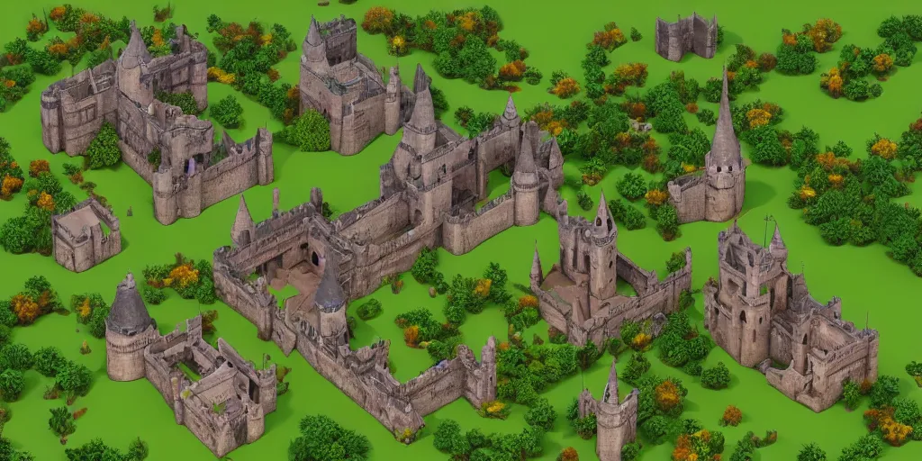 Prompt: medieval castle in a jungle with towers and moat, 3 d, isometric, polygon