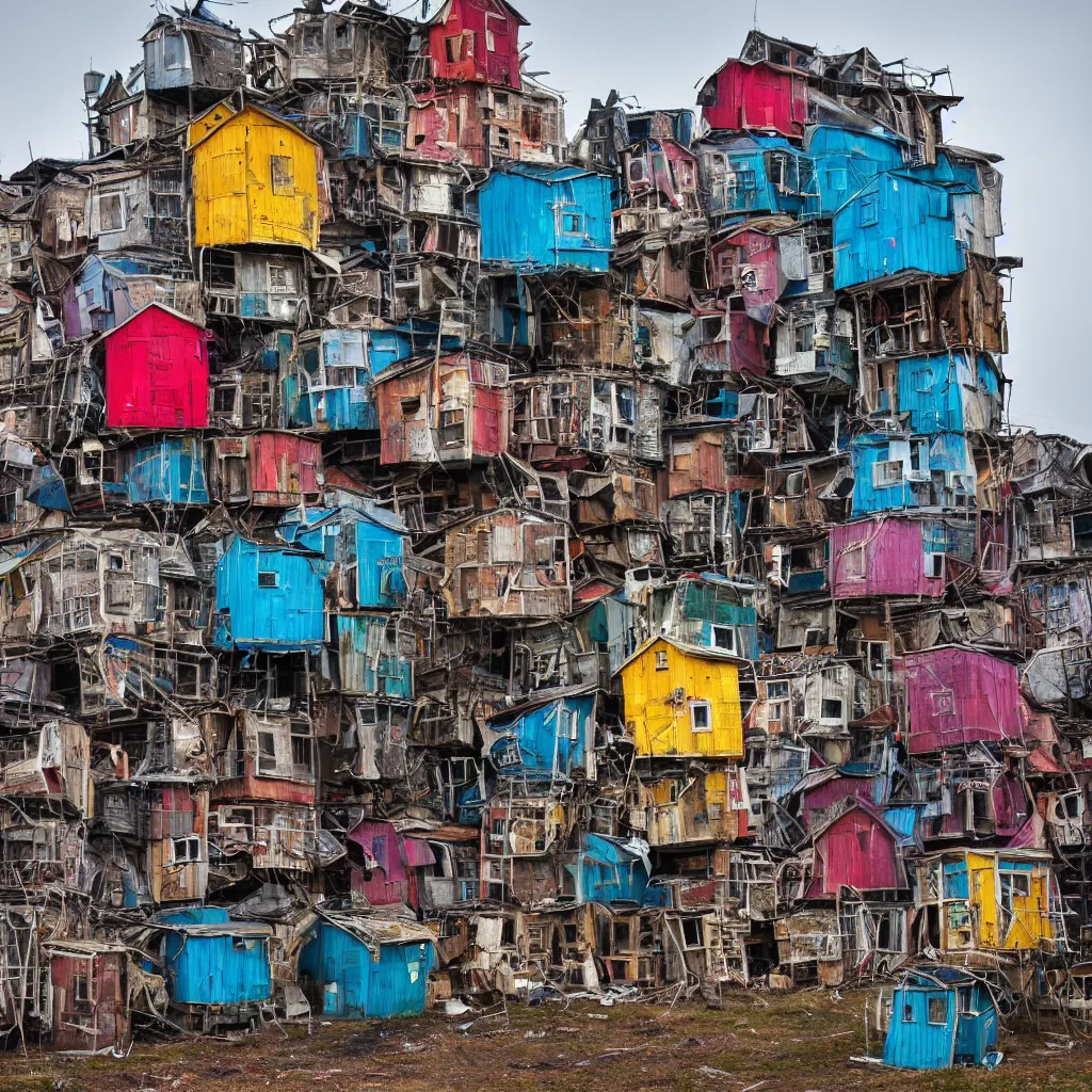 Image similar to a tower made up of colourful makeshift squatter shacks, dystopia, sony a 7 r 3, f 1 1, fully frontal view, photographed by richard avedon, ultra detailed,