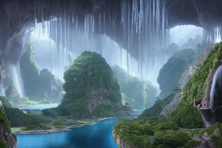 Image similar to first person perspective establishing shot of a shining palace surrounded by rivers, waterfalls, and gemstone cliffs by beeple and Roger Dean:1|fantasy, horizontal symmetry, cinematic, architectural design by Zaha Hadid:0.9|Unreal Engine, Octane, finalRender, devfiantArt, artstation, artstation HQ, behance, HD, 16k resolution:0.8
