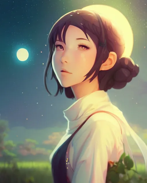 Prompt: lunar priestess portrait, artgerm, makoto shinkai, sylvain sarrailh, bokeh, solar meadow, moonlight