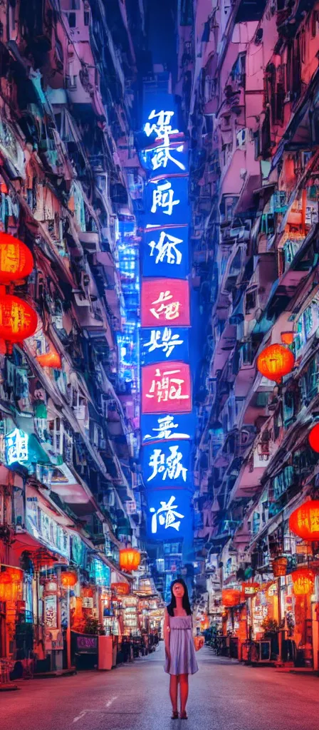 Image similar to a beautiful chinese young girl standing in the middle of a road on a night Hong Kong china town, blue color grading, cinematic color grading , unreal 5, hyperrealistic, realistic, photorealistic, dynamic lighting, highly detailed, cinematic landscape, studio landscape, studio lighting