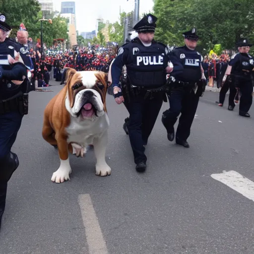 Image similar to giant english bulldog with police escort at parade, live footage, 4 k