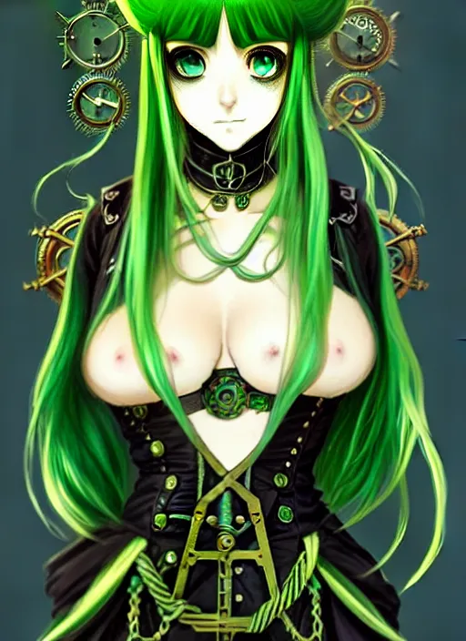 Image similar to beautiful green hair anime woman victorian dress, steampunk, fantasy, eerie, intricate details, pixiv, digital painting, artstation, concept art, 8 k, art by artgerm, loish and alohonse mucha and eiichiro oda symmetrical face symmetrical eyes