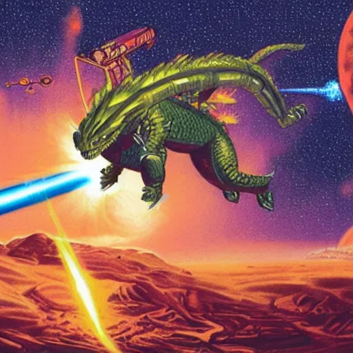 Prompt: a retro sci-fi coloured drawing of a close up, dragon kidnapping a woman in a space suit, whilst firing lasers at robots on a mars landscape