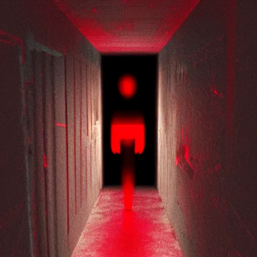 Image similar to photograph of an extremely dark narrow hallway with glowing humanoid cryptid made out of television static, dark deep black shadows, red and black color contrast in the style of trevor henderson, liminal space, 3 d octane render, glitch effect