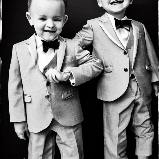 Prompt: two deformed weirdo brothers dressed for a wedding. Photograph.