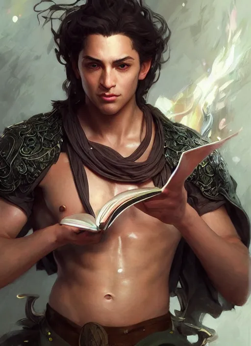 Prompt: character concept portrait of a handsome young muscular hispanic wizard with olive skin casting a love spell, a floating iridescent spell book in the center, intricate, elegant, digital painting, concept art, smooth, sharp focus, illustration, from Metal Gear, by Ruan Jia and Mandy Jurgens and William-Adolphe Bouguereau, Artgerm